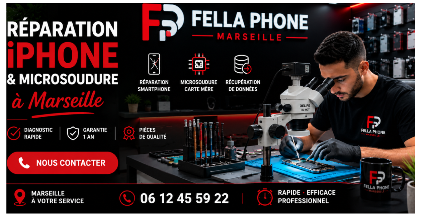 Fella Phone est spécialisé dans la réparation à Marseille. Nous réalisons le remplacement d'écran, le changement de batterie, la réparation de connecteur de charge, la microsoudure de carte mère ainsi que la récupération de données sur iPhone hors service, oxydé ou déclaré irréparable. Situé au cœur de Marseille, notre atelier intervient sur les pannes complexes nécessitant des réparations électroniques avancées. Diagnostic rapide, garantie 1 an et plus de 10 ans d'expérience.